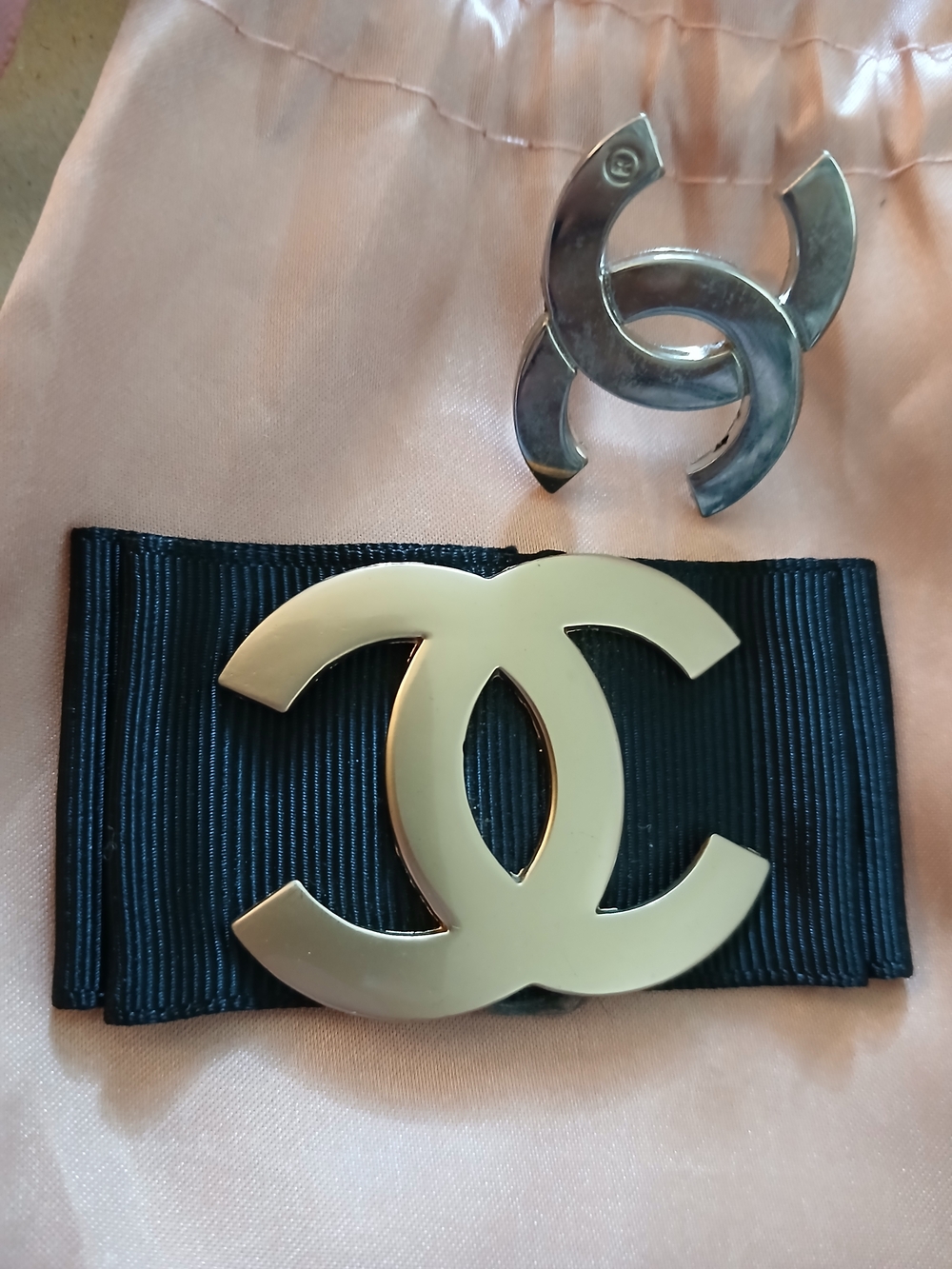 Vintage Gold-Tone Double C Logo on Grossgrain Ribbon Double C SILVER Finding